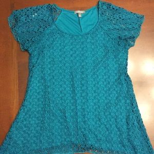 Roz & Ali Teal Blouse with a Lace Overlay
